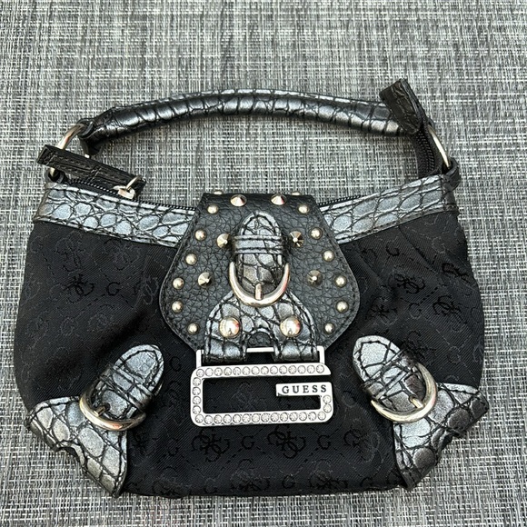Vintage Guess Black Logo Canvas Studded & Buckled Small Single Handle Y2k Bag - Picture 9 of 9